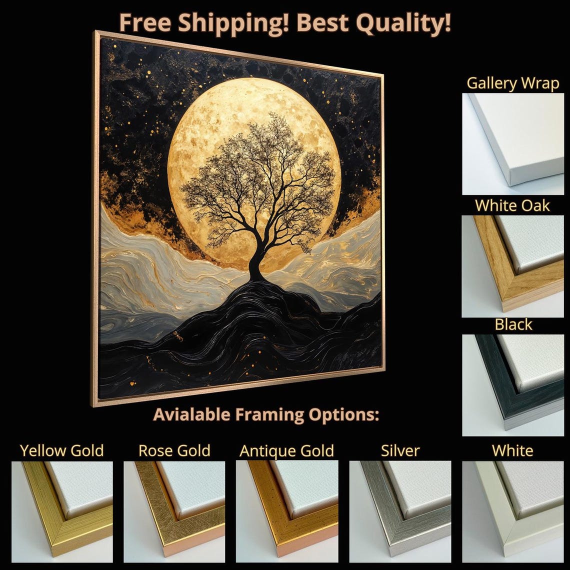 Black Tree Silhouette Golden Full Moon Mystical Night Sky Art Poster - Image 5