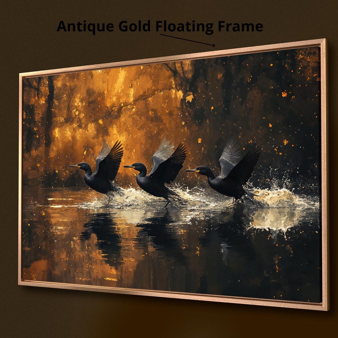 Three Black Birds Taking Flight Over Golden Water Nature Wall Poster - Image 3