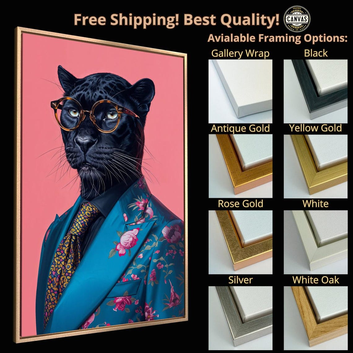 Black Panther In Floral Suit And Glasses Bold Pop Portrait Art Poster - Image 4