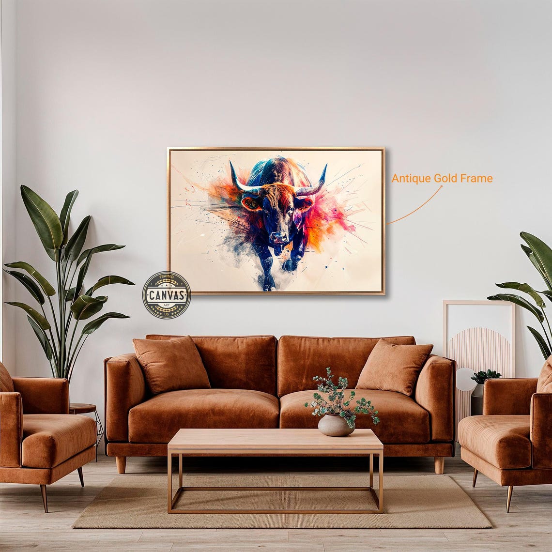 Charging Bull Colorful Watercolor Splashes Dynamic Art Print - Image 3