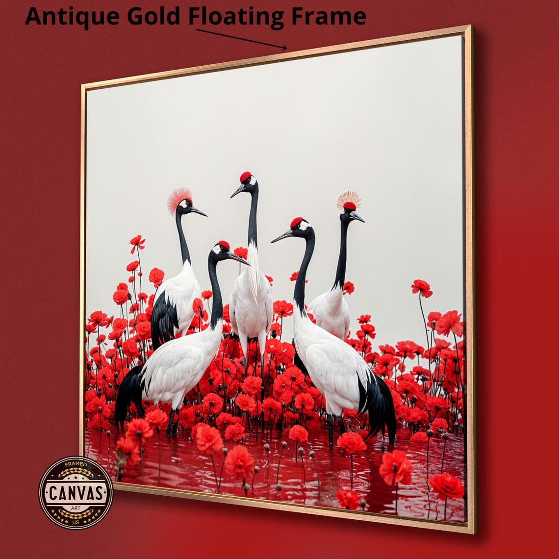 Red Crowned Cranes Among Scarlet Flowers Elegant Japanese Art Poster - Image 3