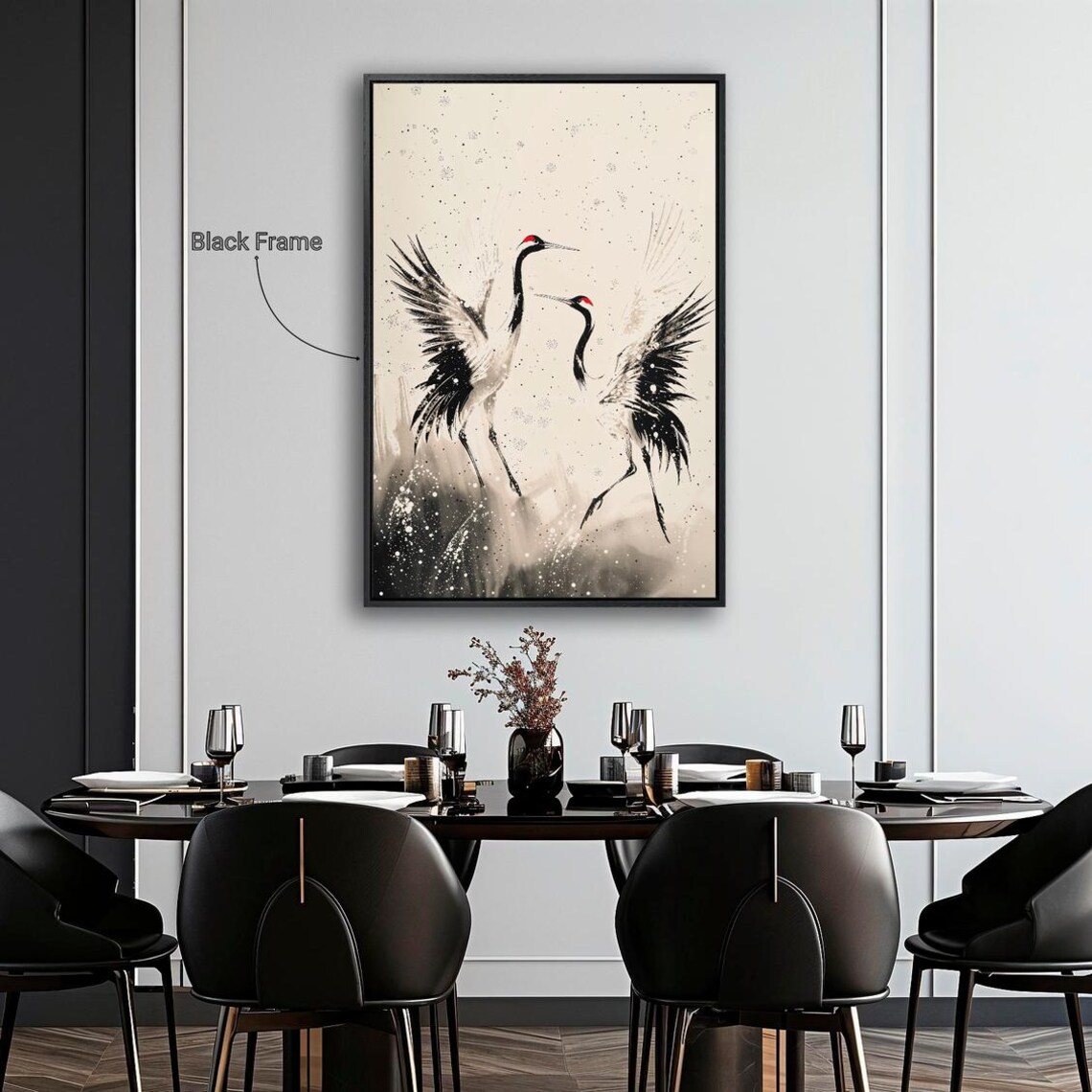 Dancing Cranes Japanese Ink Wash Black White Oriental Bird Art Poster - Image 4