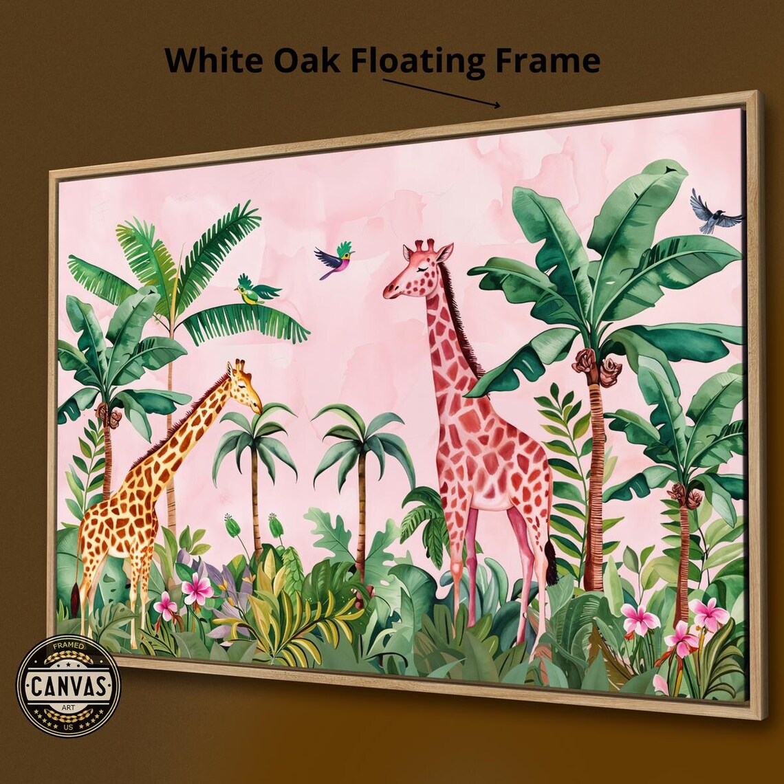 Two Giraffes In Pink Tropical Jungle Watercolor Safari Nursery Poster - Image 2