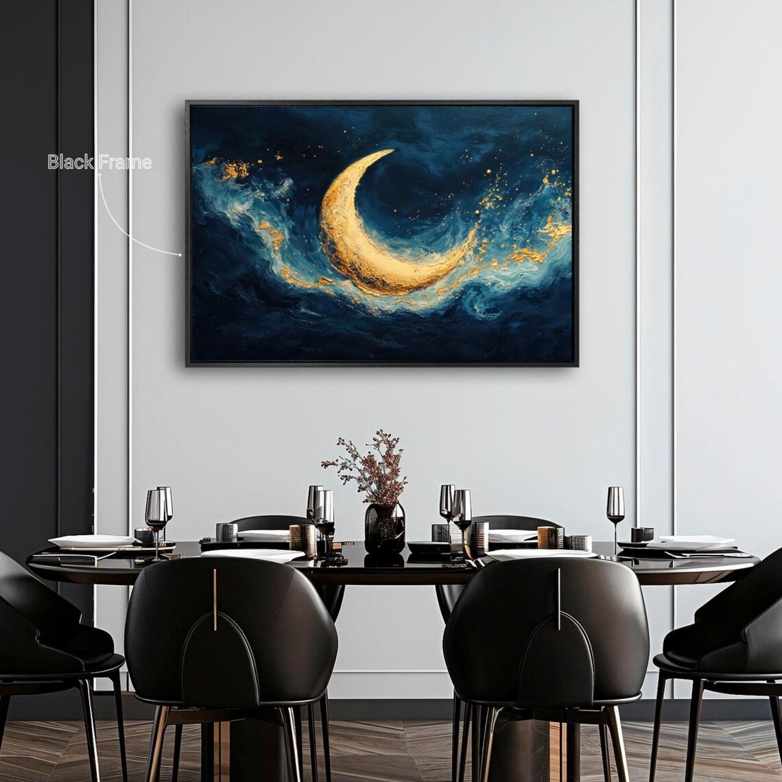 Golden Crescent Moon Swirling Dark Teal Ocean Waves Art Print - Image 2