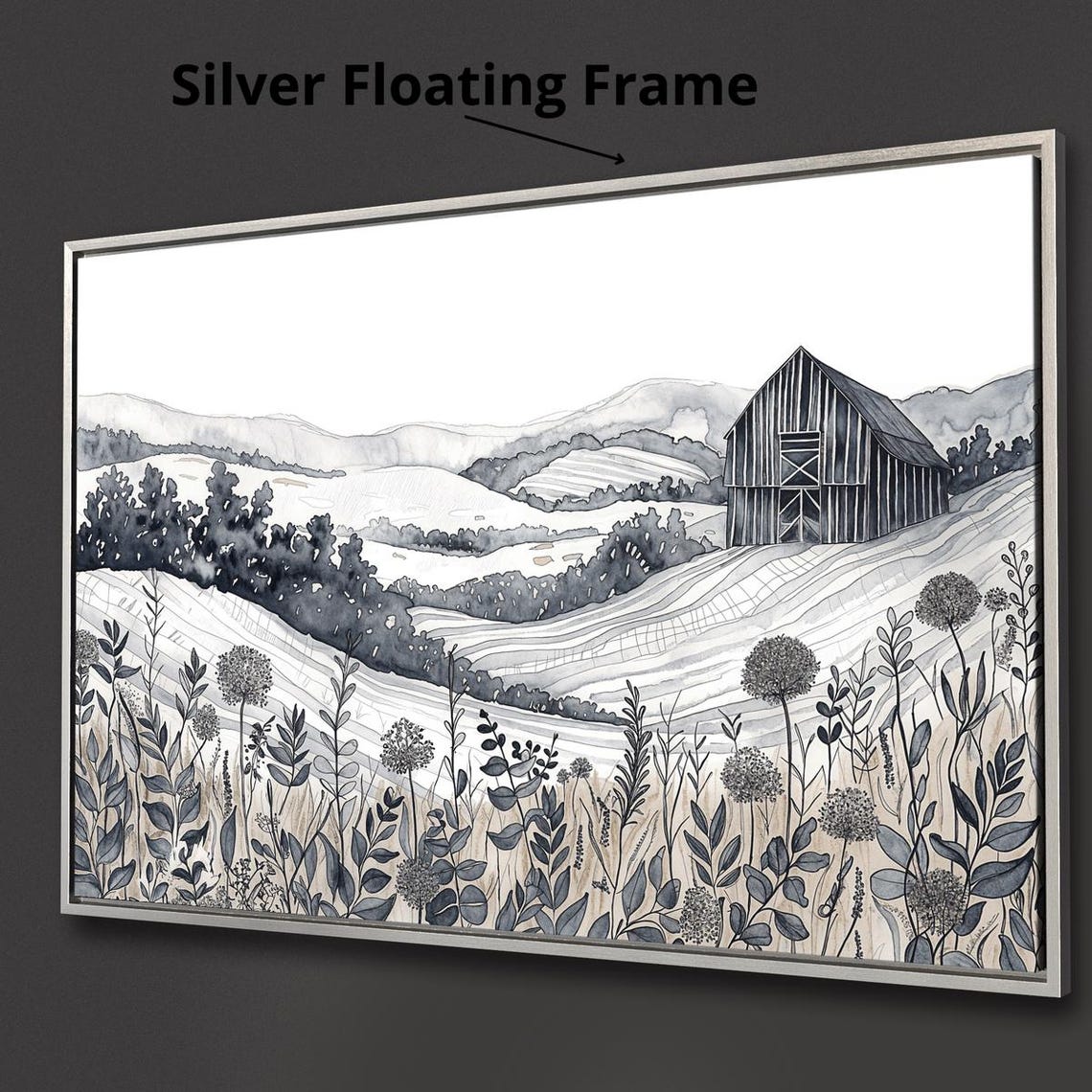 Countryside With Rolling Hills Framed Print Black White Landscape Wall Art Fields Painting Print Rustic Decor Ready To Hang - Image 2