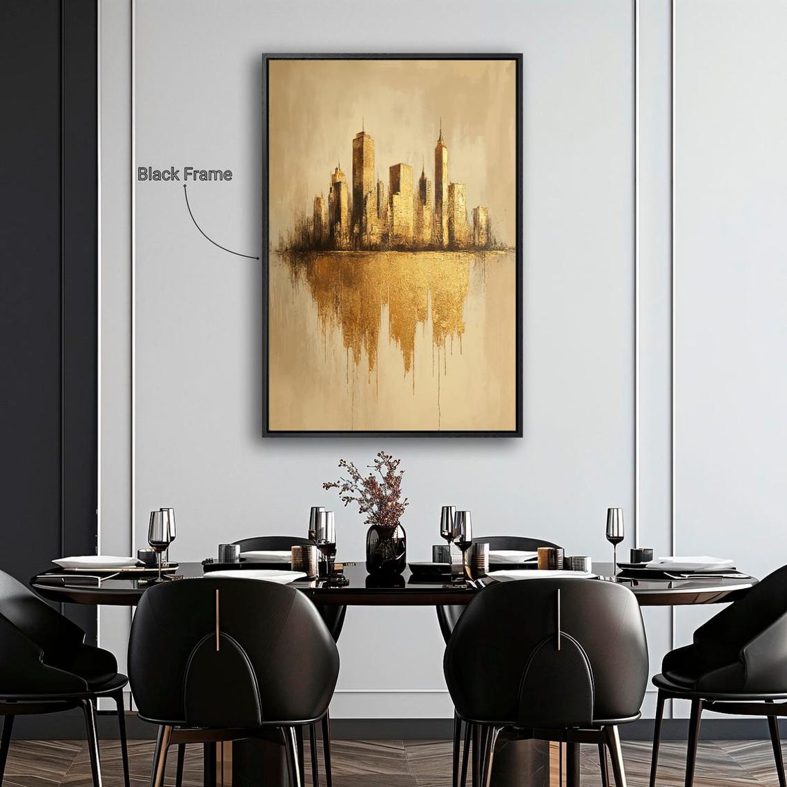 Golden Urban City Skyline Silhouette Reflection Modern Art Print - Image 2