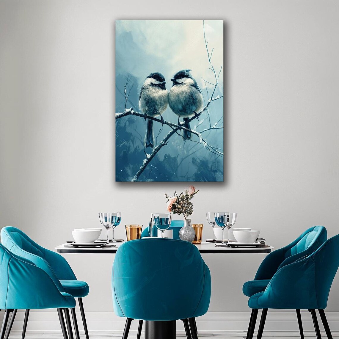 Two Chickadees Snowy Branch Winter Birds Blue Tone Painting Art Poster - Image 2