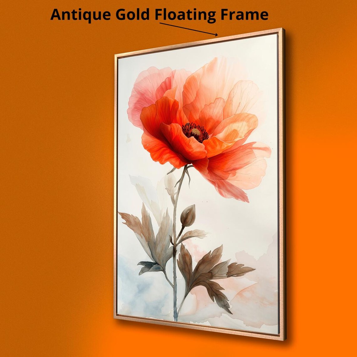Orange Poppy Bloom Elegant Watercolor Flower Botanical Wall Art - Image 2