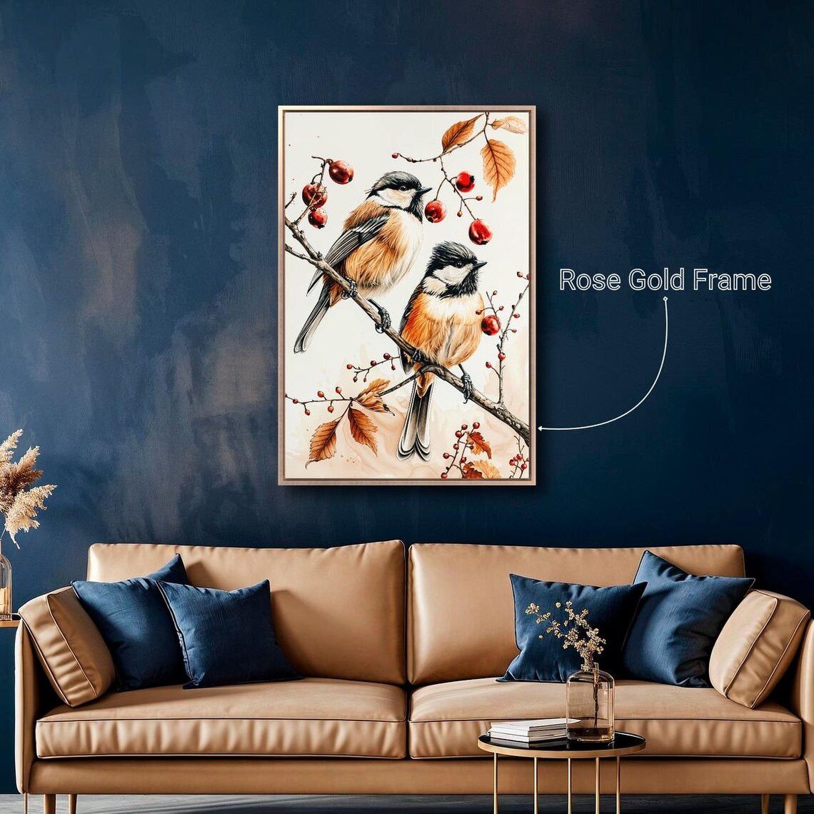 Chickadees Red Berries Autumn Leaves Watercolor Wildlife Bird Poster - Image 2