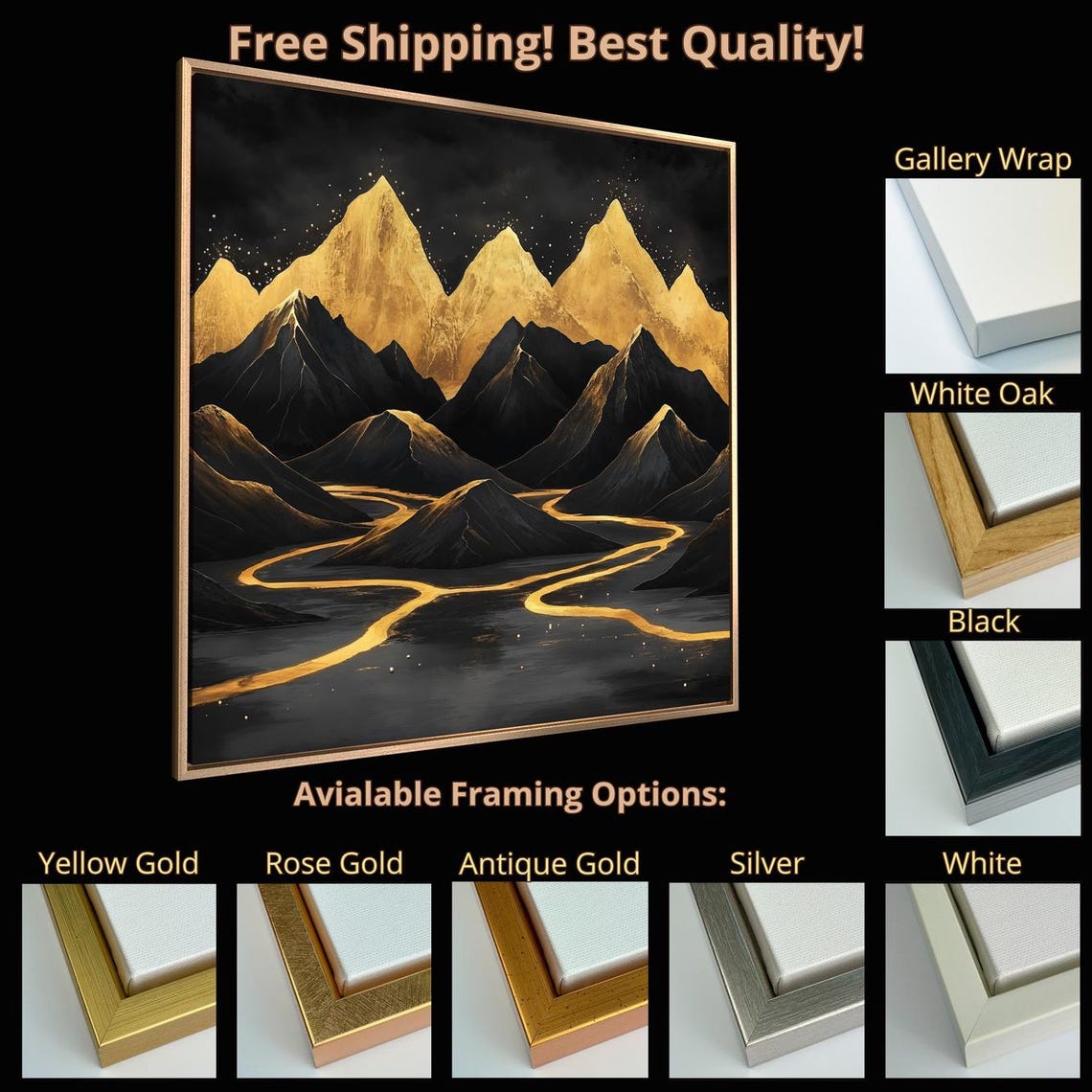 Gothic Black Mountains Golden Peaks Starry Night River Art Print - Image 5