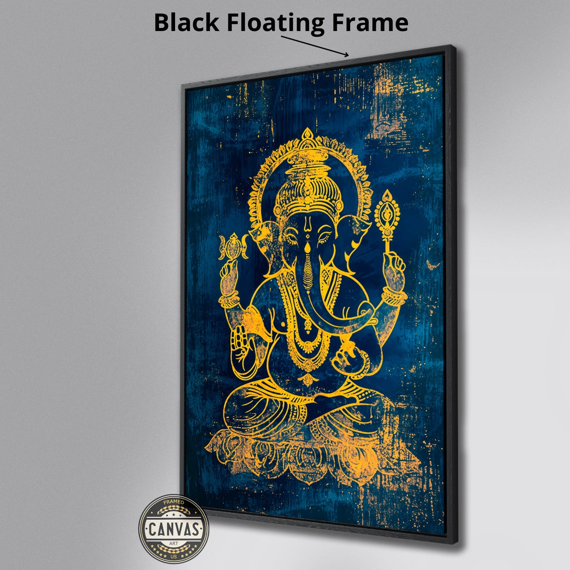 Golden Lord Ganesha Seated Hindu Deity On Deep Blue Wall Poster - Image 4