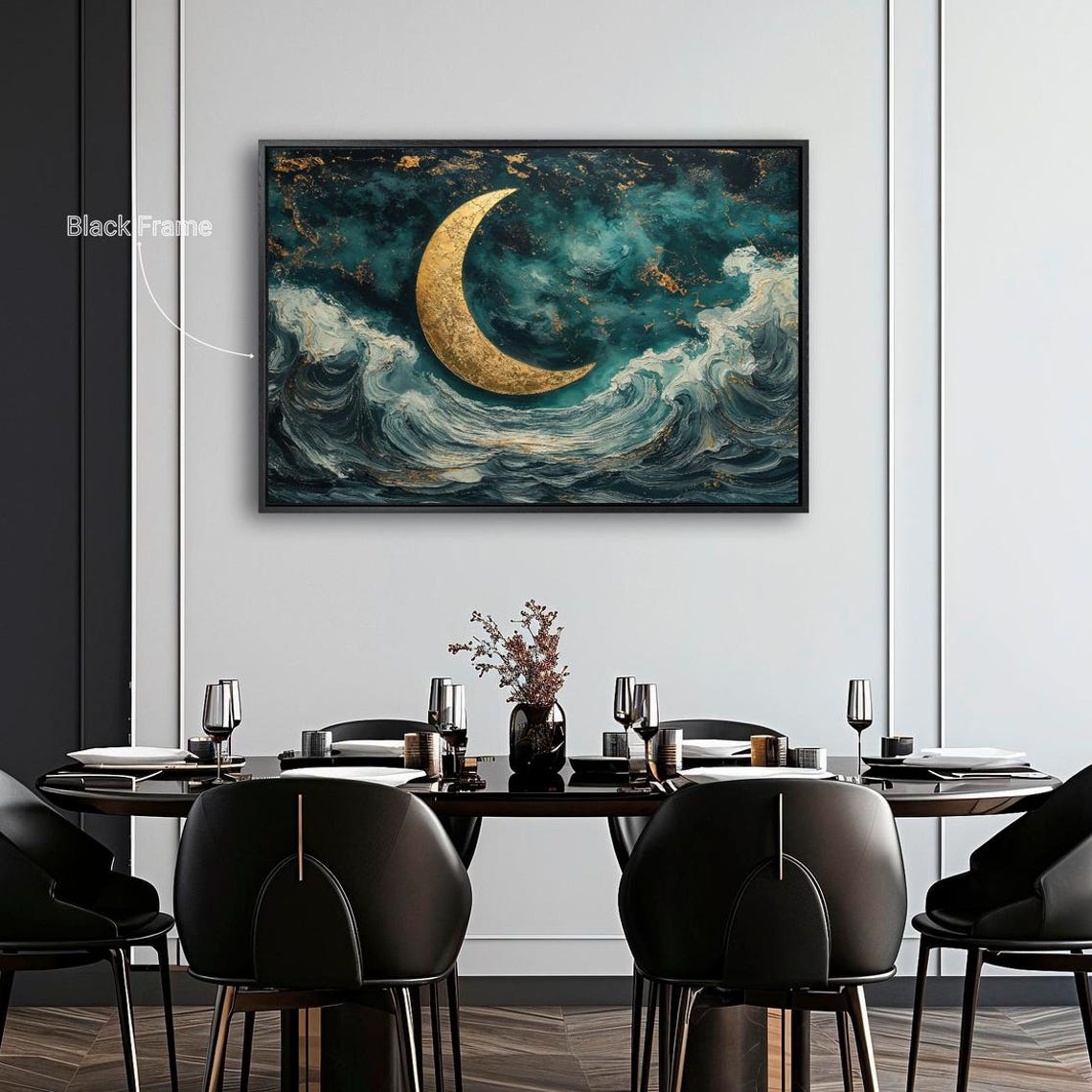 Golden Crescent Moon Over Dark Ocean Waves Abstract Art Print - Image 3