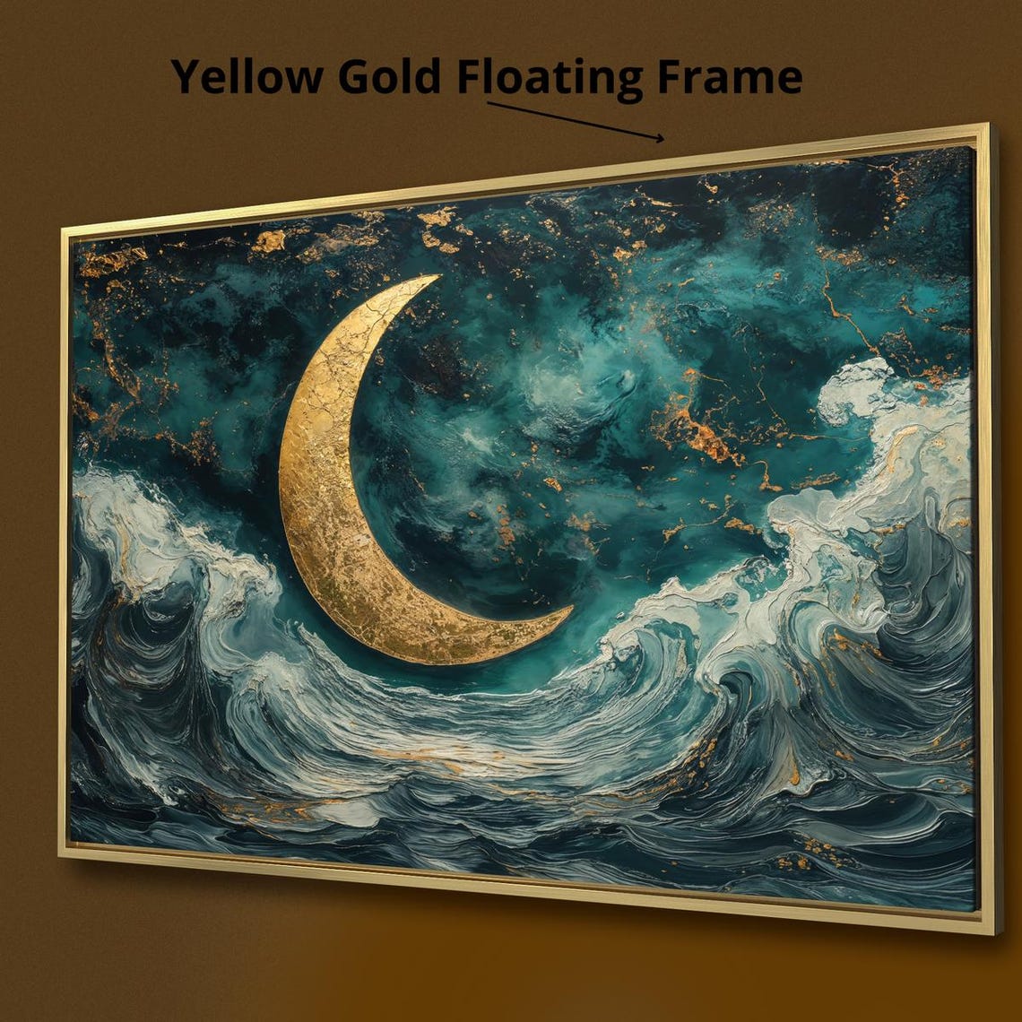 Golden Crescent Moon Over Dark Ocean Waves Abstract Art Print - Image 2