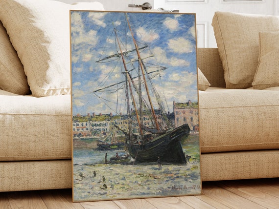 Boat Lying At Low Tide Claude Monet Famous Painting Classic Painting Museum Quality Print Vintage Wall Art Vintage Print