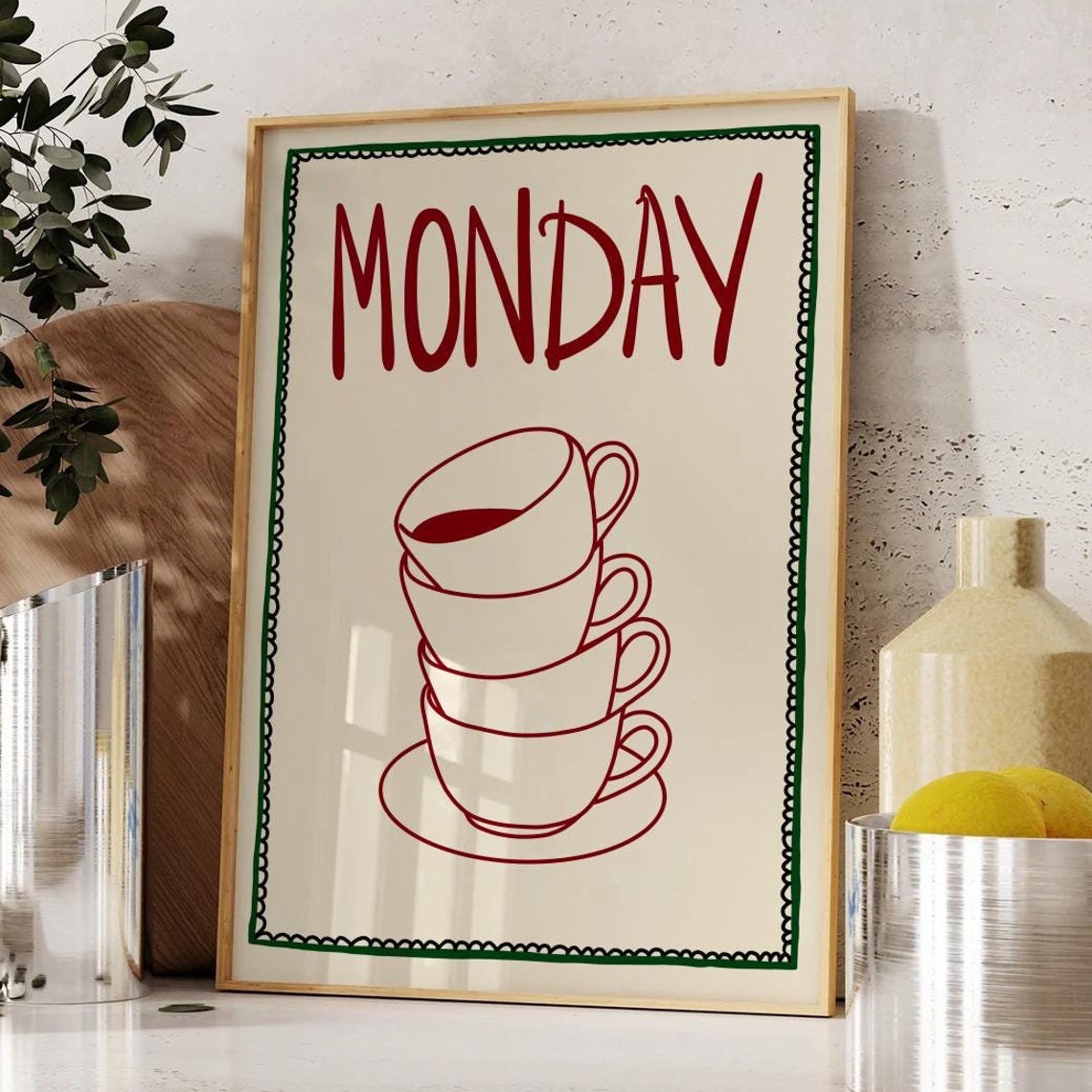 Monday Coffee Cups Red Hand Lettered Kitchen Poster for Coffee Lovers