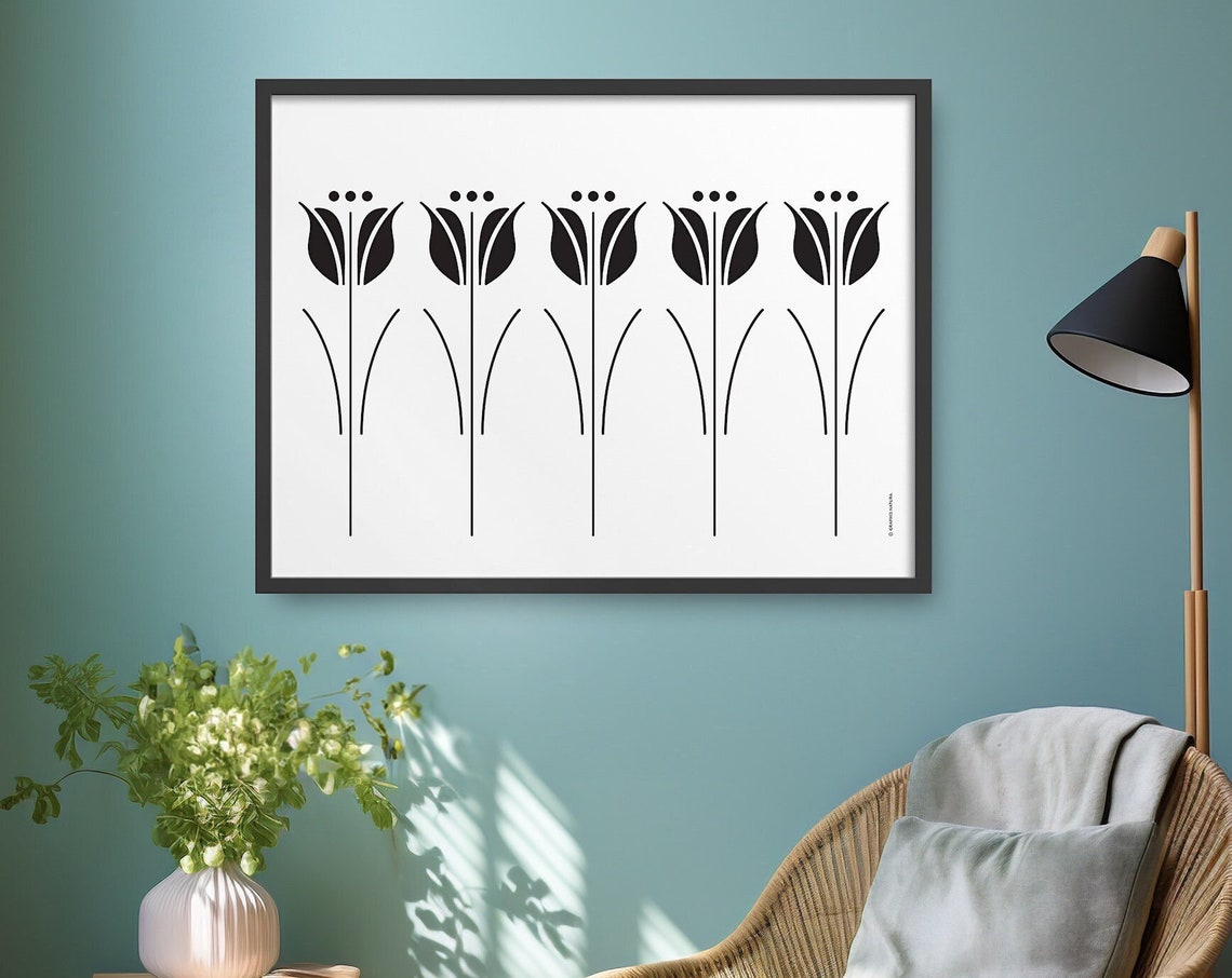 Black Tulip Silhouette Row Poster Minimalist Horizontal Floral - Image 5