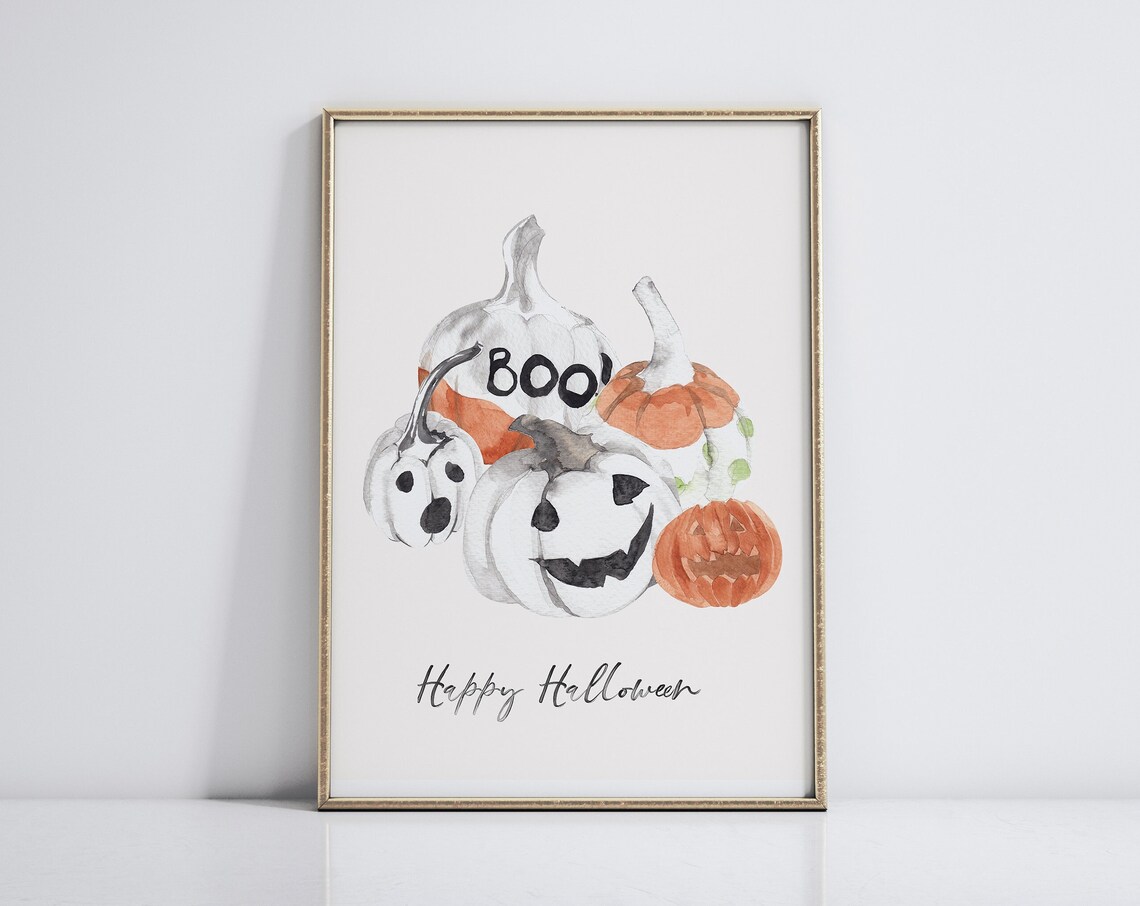 Funny Happy Halloween Watercolor Pumpkins Spooky Party Wall Art - Image 2