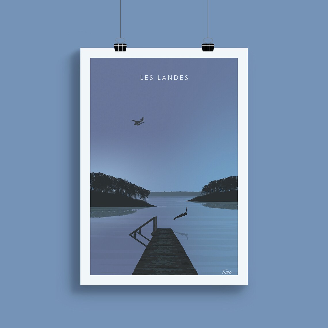 Les Landes Lake Pontoon Diver Dusk Minimalist France Travel Poster - Image 2