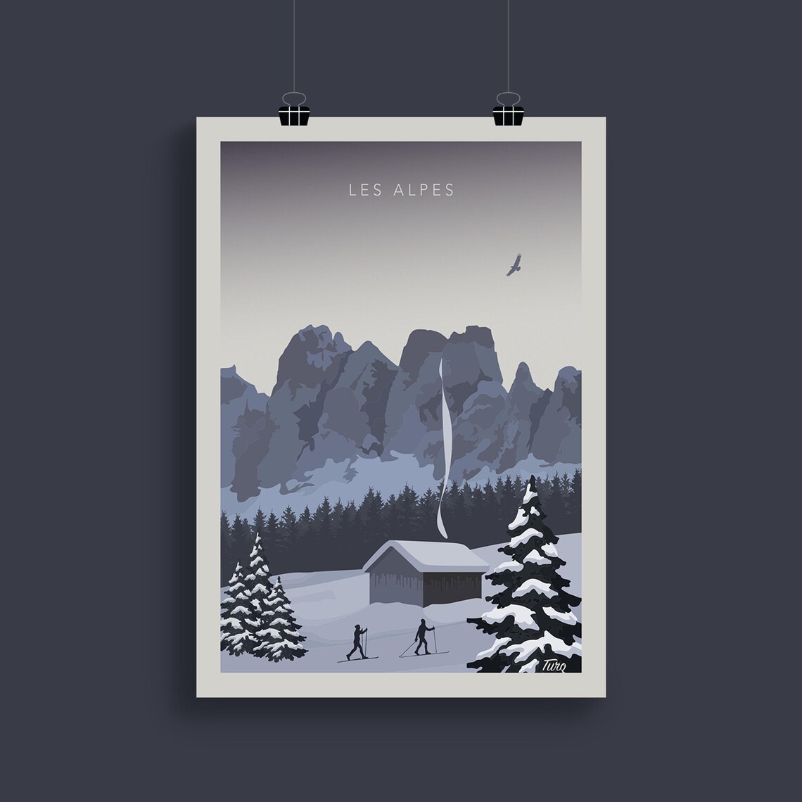 Les Alpes Cross Country Skiers Cabin Grey Peaks Retro Travel Poster - Image 2