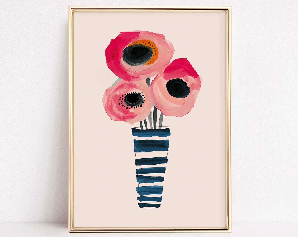 Pink Poppies Navy Striped Vase Botanical Floral Still Life Art Poster
