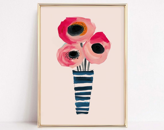 Maximalist Wall Art Print Lush Pink Poppy Navy Stripes Bold Botanical Home Decor Statement Floral Illustration Modern Floral Poster