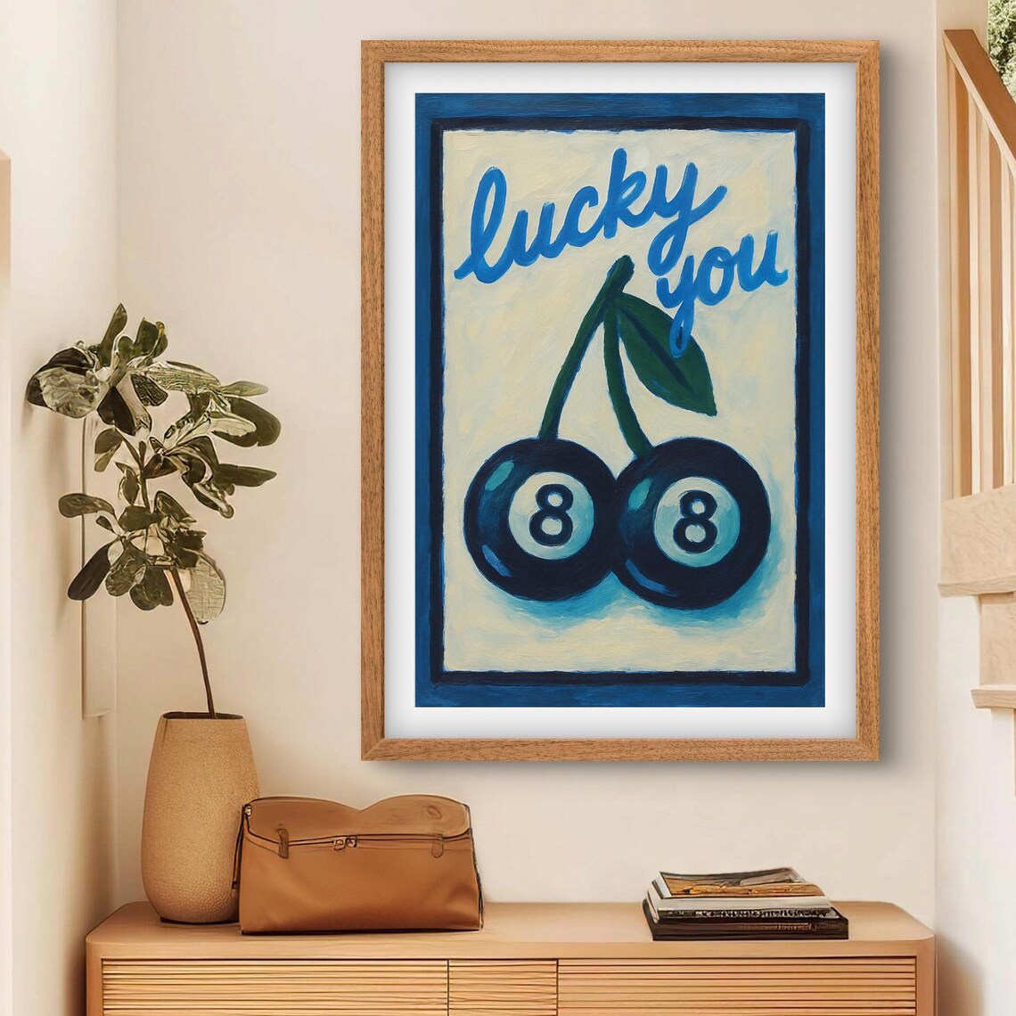 Lucky You Cherry 8 Ball Retro Typography Pop Art Wall Poster