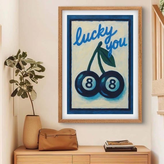 Lucky You Wall Art Print Retro Cherry 8 Ball Poster Trendy Acrylic Style Painting Decor