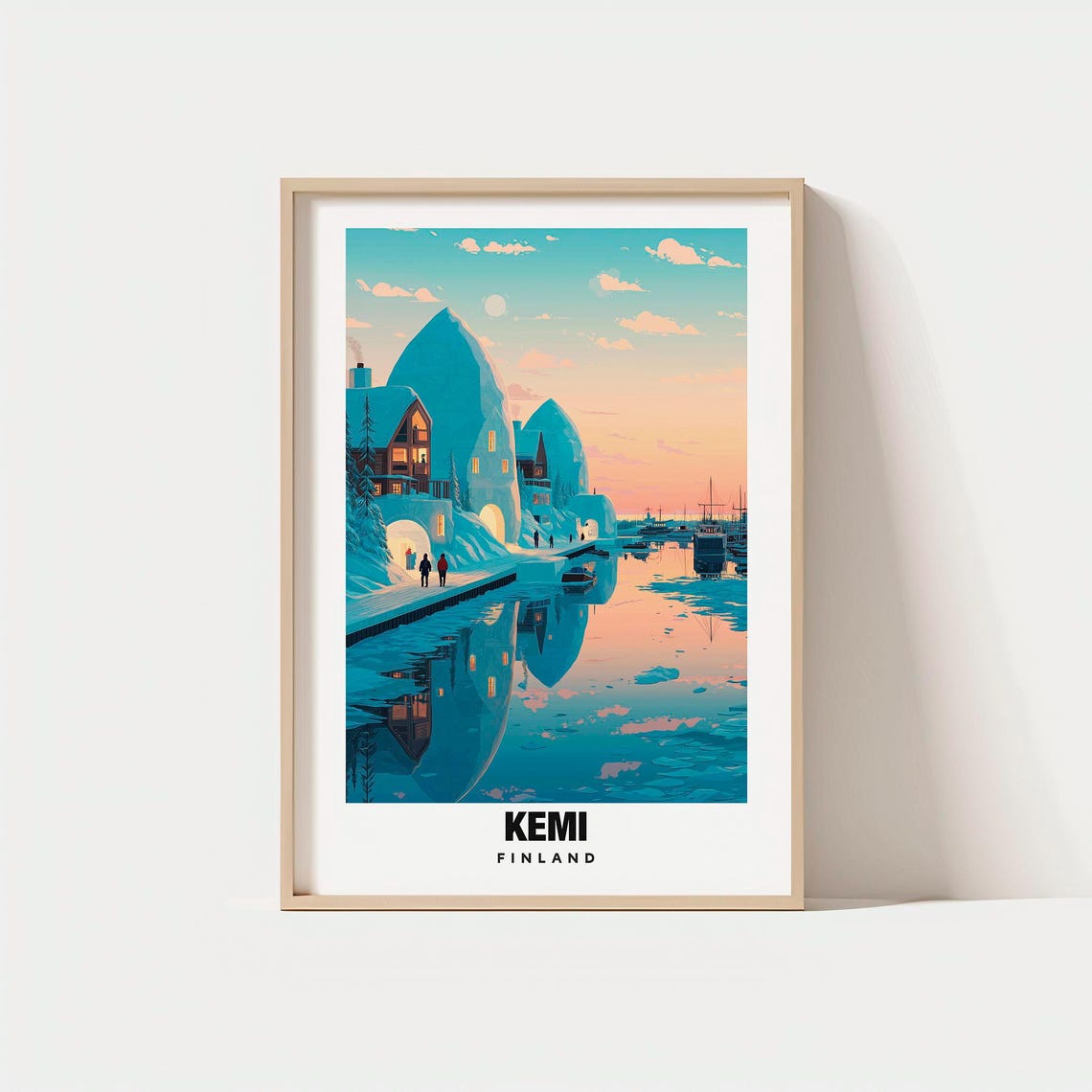 Kemi Finland Arctic Snow Harbor Sunset Vintage Travel Poster