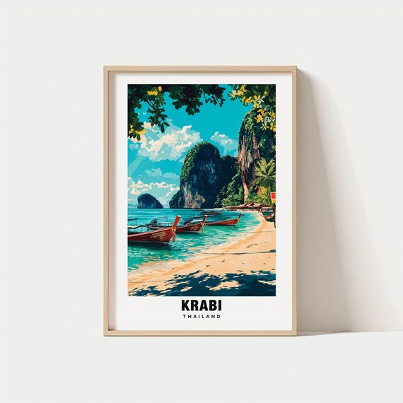 Krabi Thailand Tropical Beach Longtail Boats Limestone Cliffs Poster