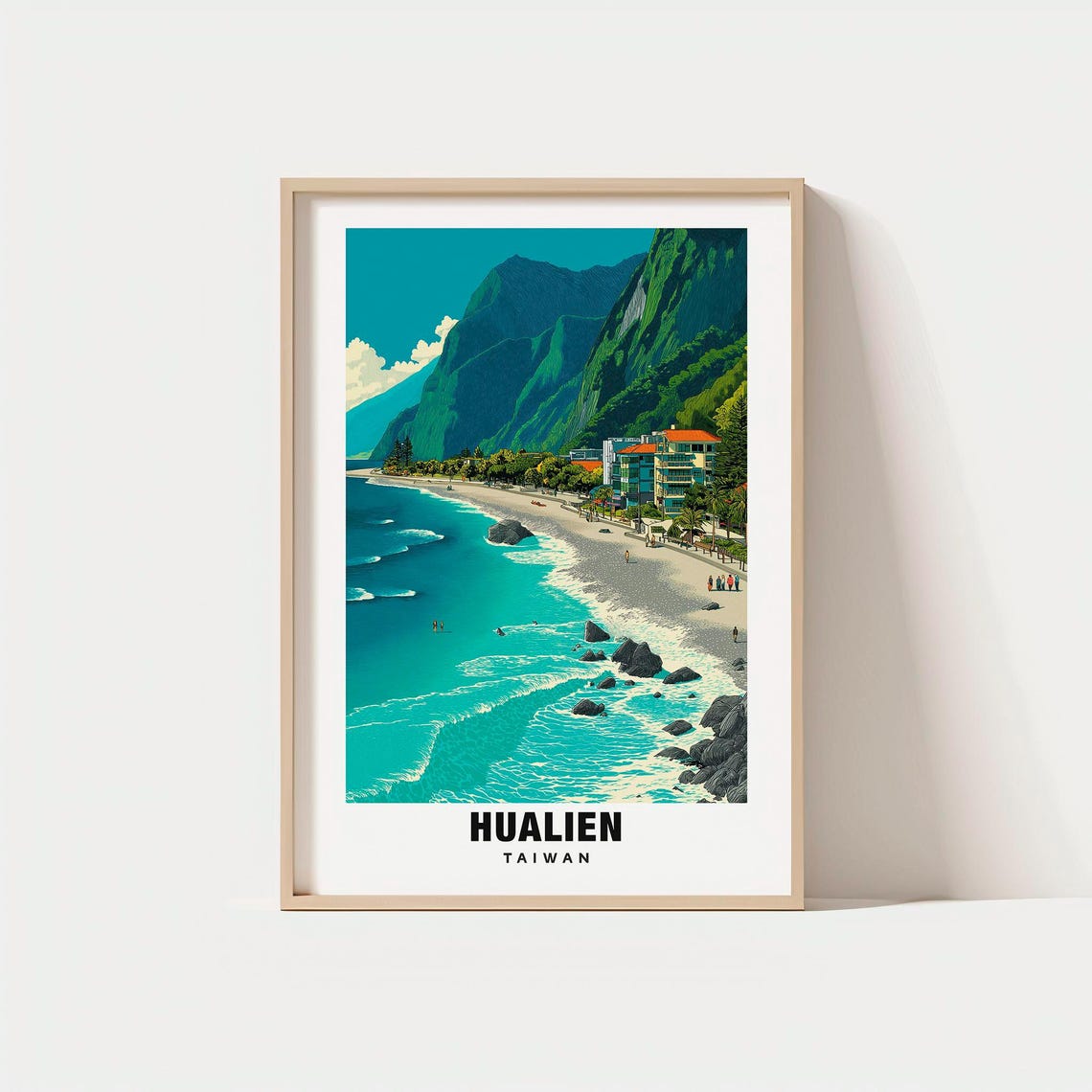 Hualien Taiwan Coastal Cliffs Turquoise Bay Town Scene Poster
