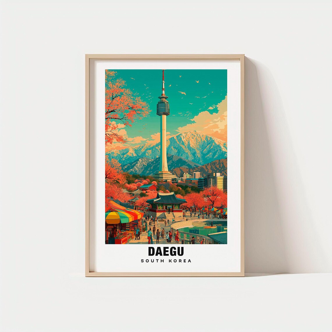 Daegu South Korea City Tower Mountain Market Scene Travel Poster