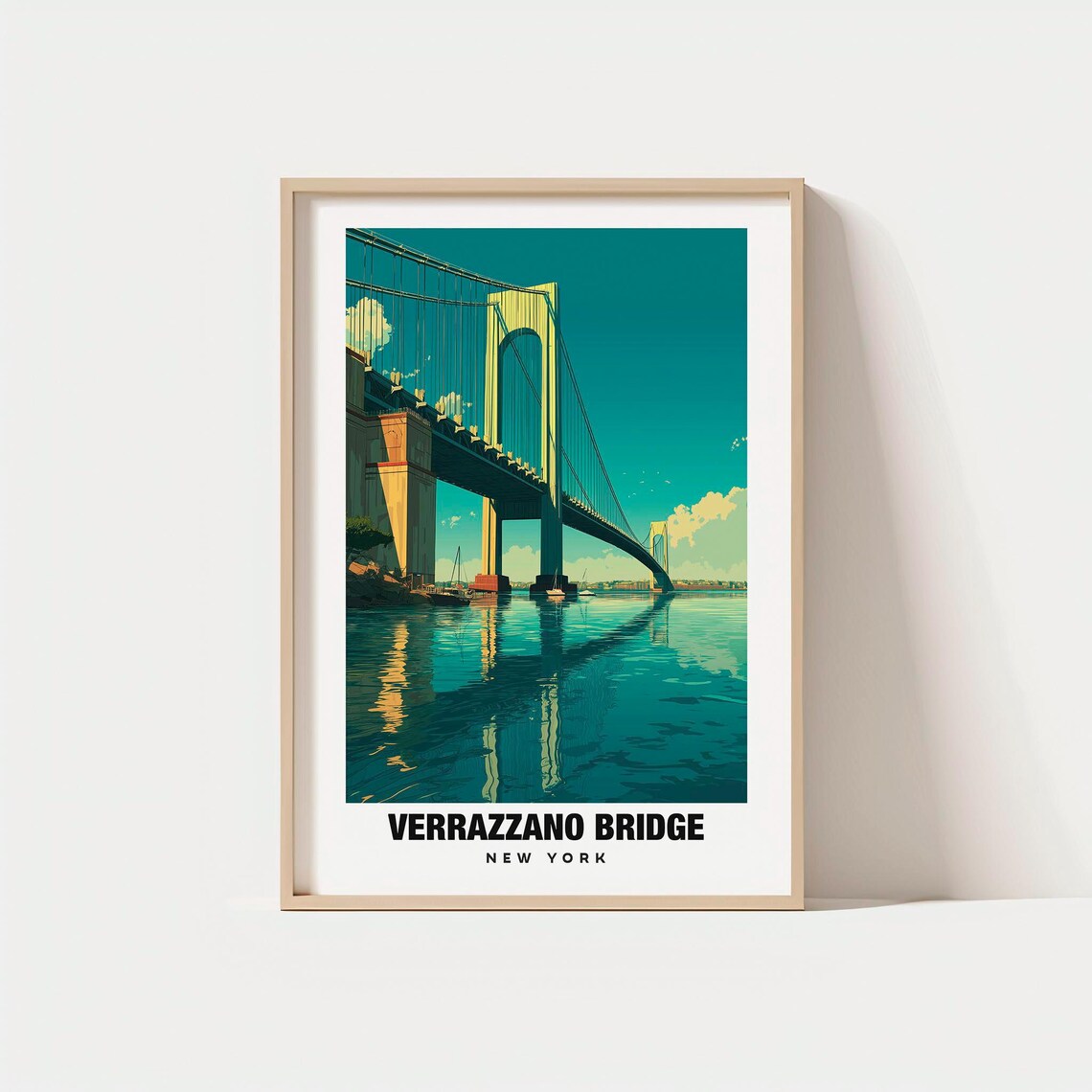 Verrazzano Bridge New York Suspension Bridge Sunset Harbor Travel Poster