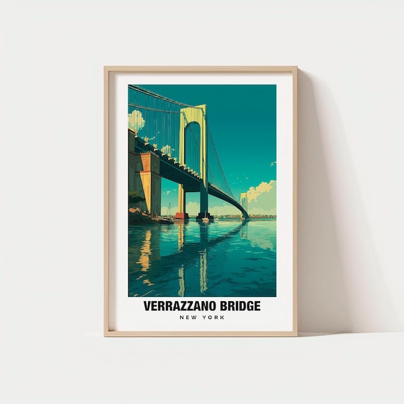 Verrazzano Bridge New York Suspension Bridge Sunset Harbor Travel Poster