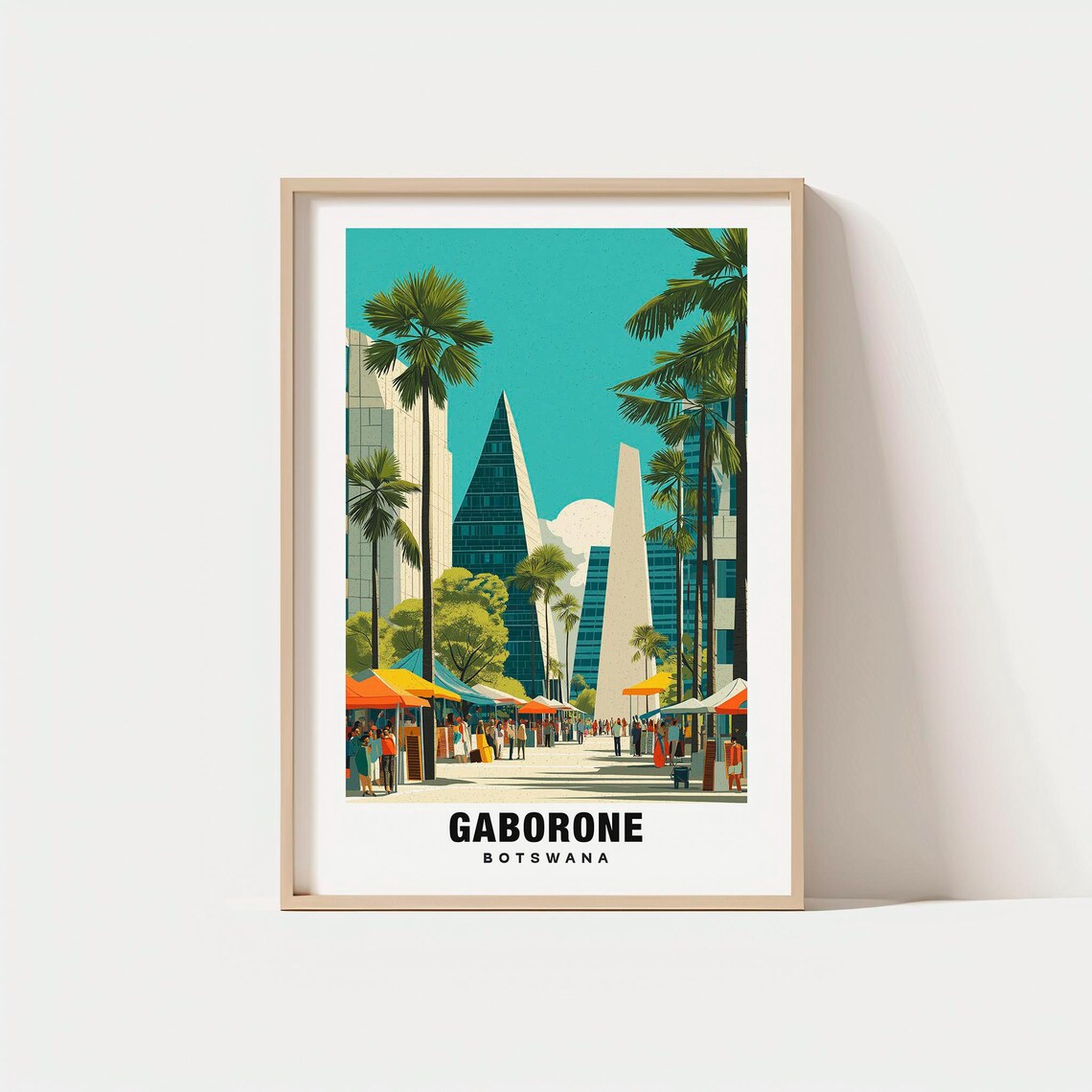 Gaborone Botswana Modern Skyline Palm Tree Market Travel Poster