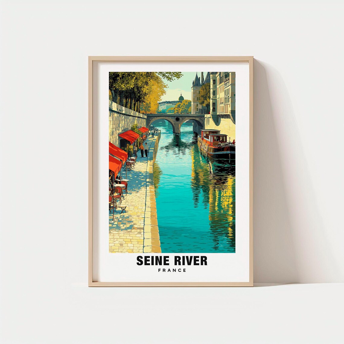 Seine River France Paris Quays Bridge Houseboats Cafes Poster