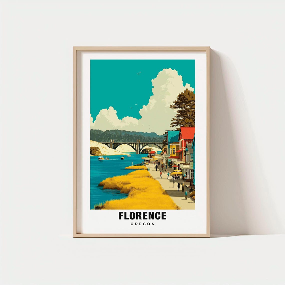 Florence Oregon Coastal Bridge Waterfront Old Town Scene Poster