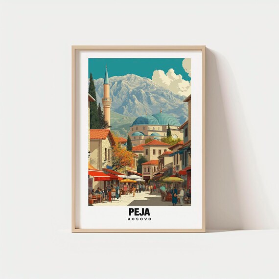 Peja Kosovo Old Town Mosque Mountain Market Street Scene Travel Poster