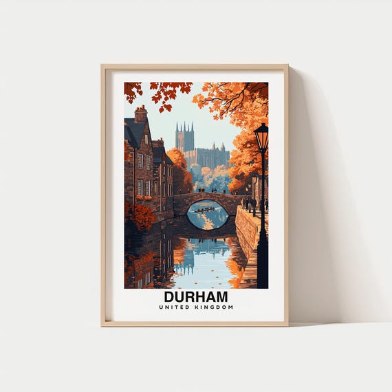 Durham Print England Poster Travel Wall Art Scenic View Durham Cathedral Castle Landmark Riverside Landscape Historic Charm