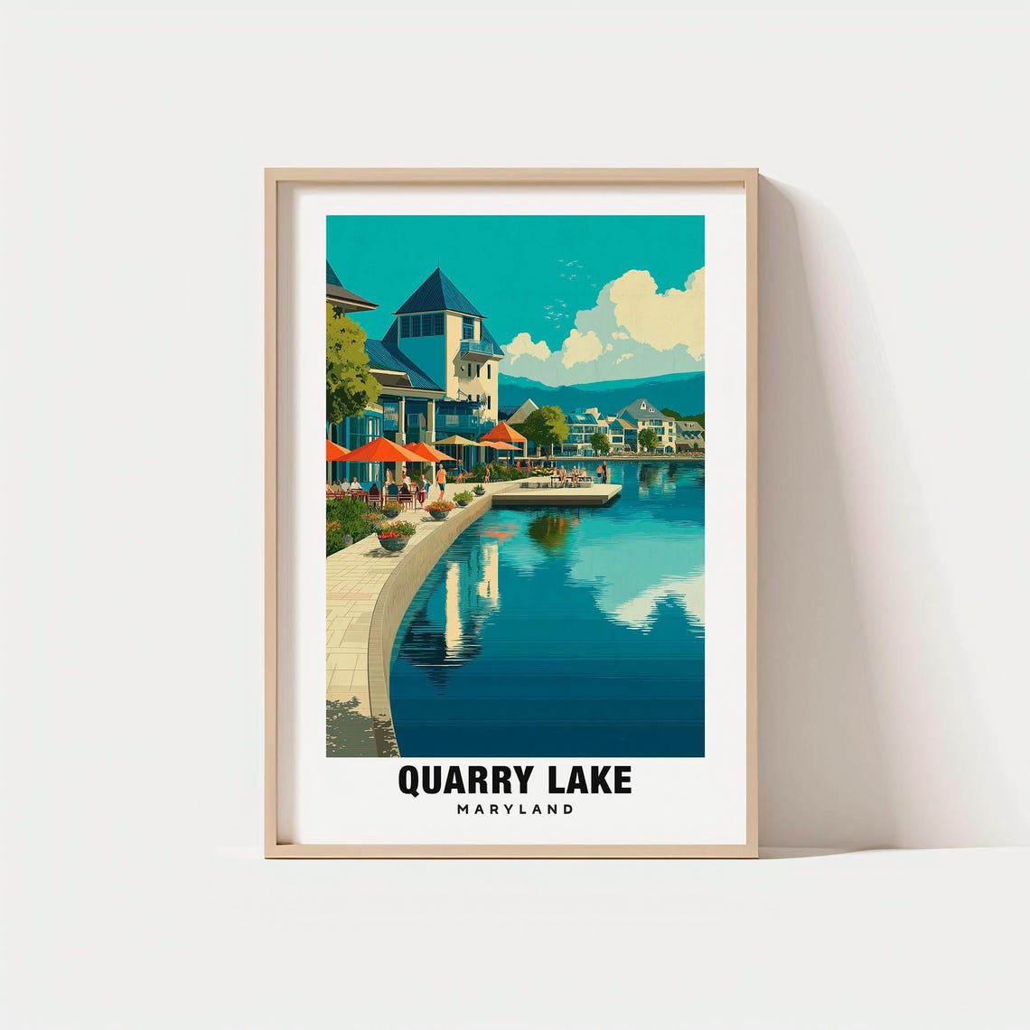 Quarry Lake Maryland Waterfront Promenade Cafes Retro Travel Poster