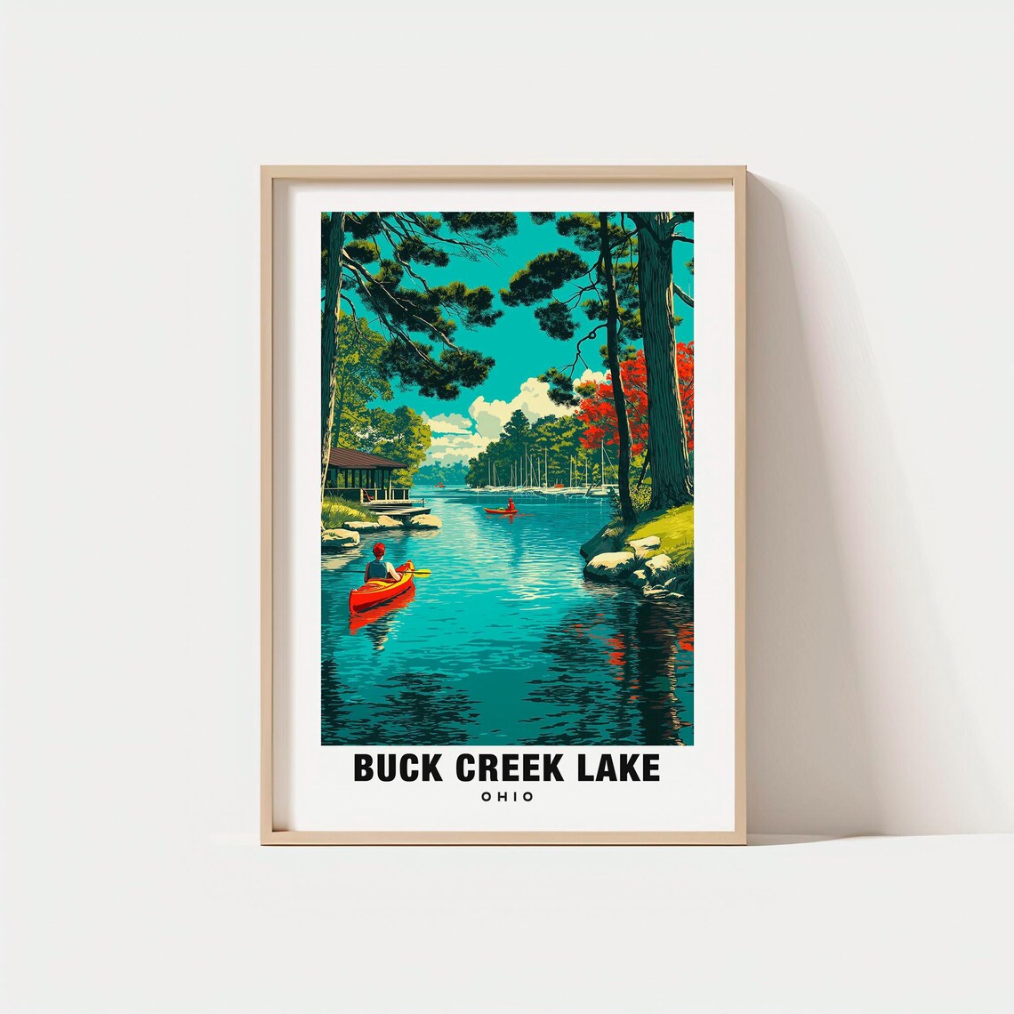 Buck Creek Lake Ohio Kayakers Marina Pine Shoreline Scene Poster