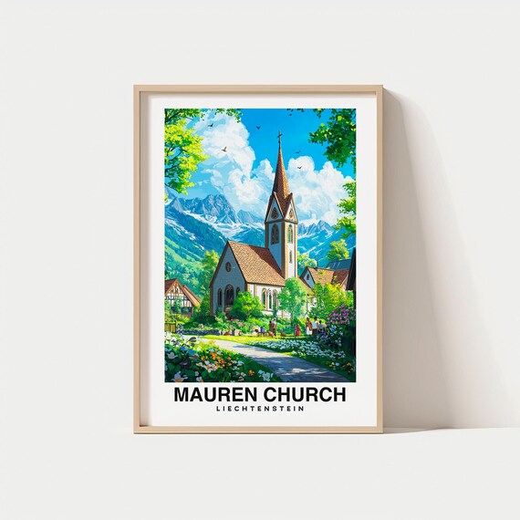 Mauren Church Liechtenstein Alpine Meadow Vintage Travel Poster