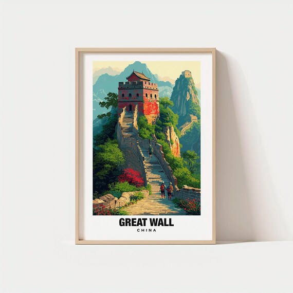 Great Wall of China Mountain Watchtower Hikers Scenic Poster