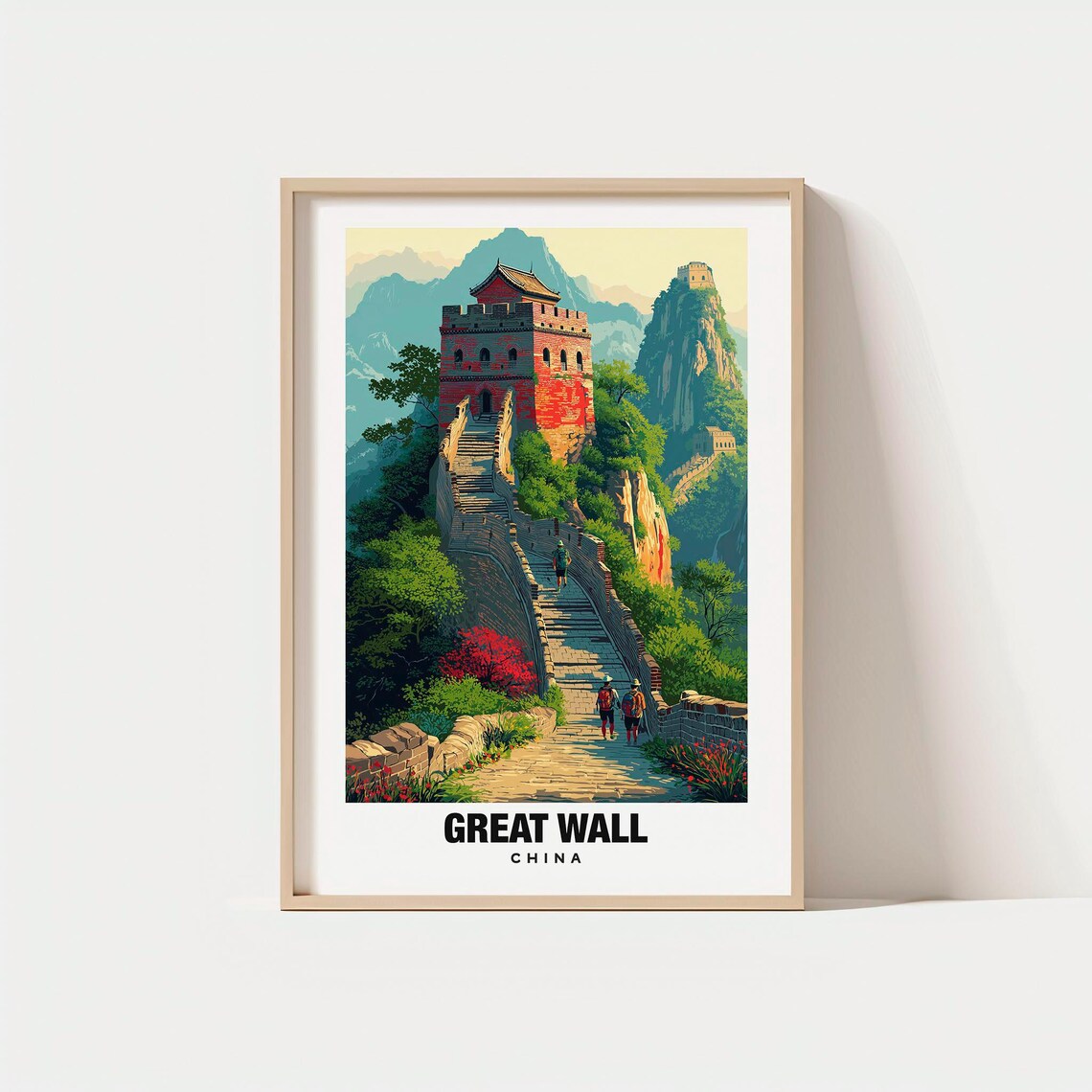 Great Wall of China Mountain Watchtower Hikers Scenic Poster