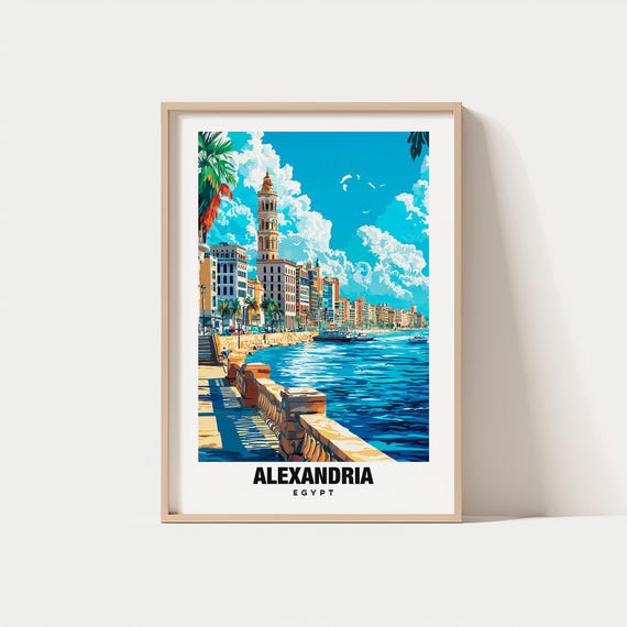 Alexandria Print Egypt Poster Travel Wall Art Scenic View Mediterranean Coast Historic Landmark Ancient Architecture Travel Poster
