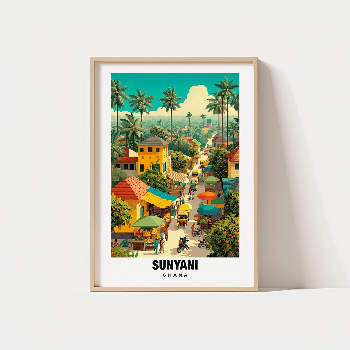 Sunyani Ghana Bustling Market Street Palm Shaded City Poster
