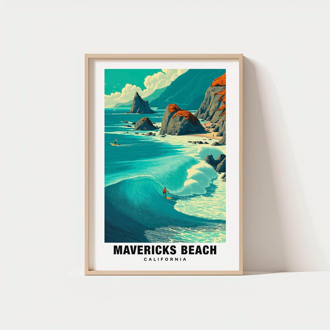 Mavericks Beach California Big Wave Surfers Vintage Travel Poster