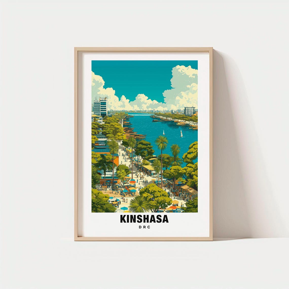 Kinshasa DRC River Boulevard Cityscape Vintage Travel Art Poster