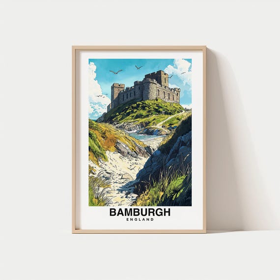 Bamburgh Print England Poster Travel Wall Art Scenic View Historic Castle Coastal Landscape Northumberland Decor Uk Landmark