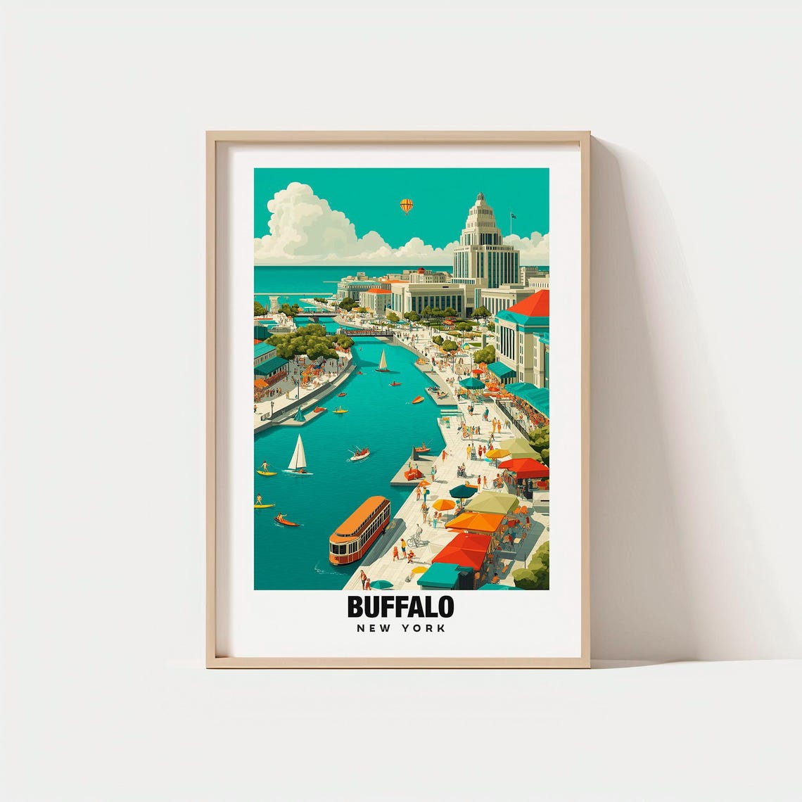 Buffalo New York Waterfront Boats Sunny Retro City Skyline Poster