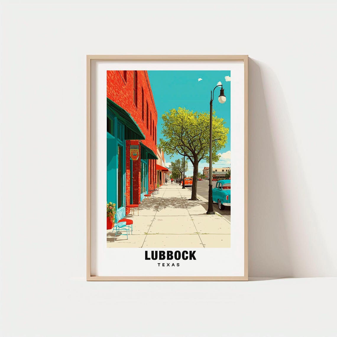 Lubbock Texas Main Street Brick Storefronts Classic Cars Poster
